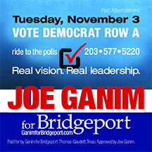 This Joe Ganim ad note appeared on the front of page of the Sunday Post for Bridgeport subscribers.