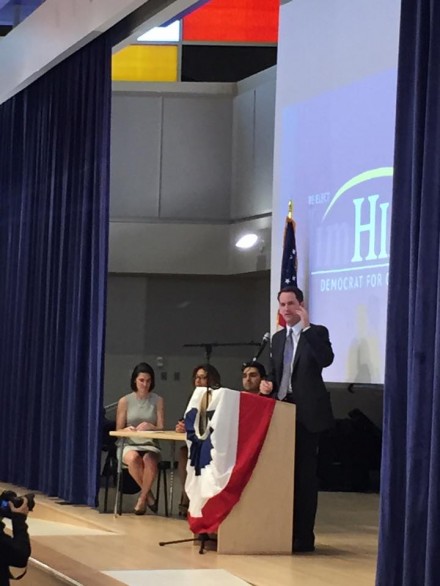 Jim Himes addresses supporters Monday night at Roosevelt School.