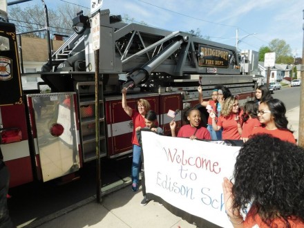 kids welcome fire truck