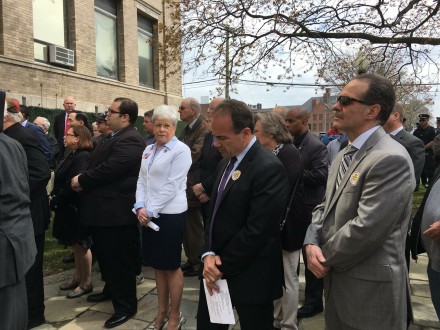 Mayor Joe Ganim and Glenn Marshall, right at L'Ambiance Plaza ceremony in April. At left is Lieutenant Governor Nancy Wyman.