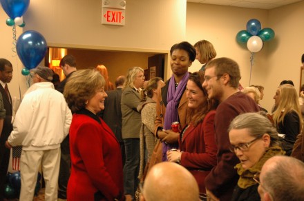 Foster greets supporters at her announcement at the Holiday Inn.