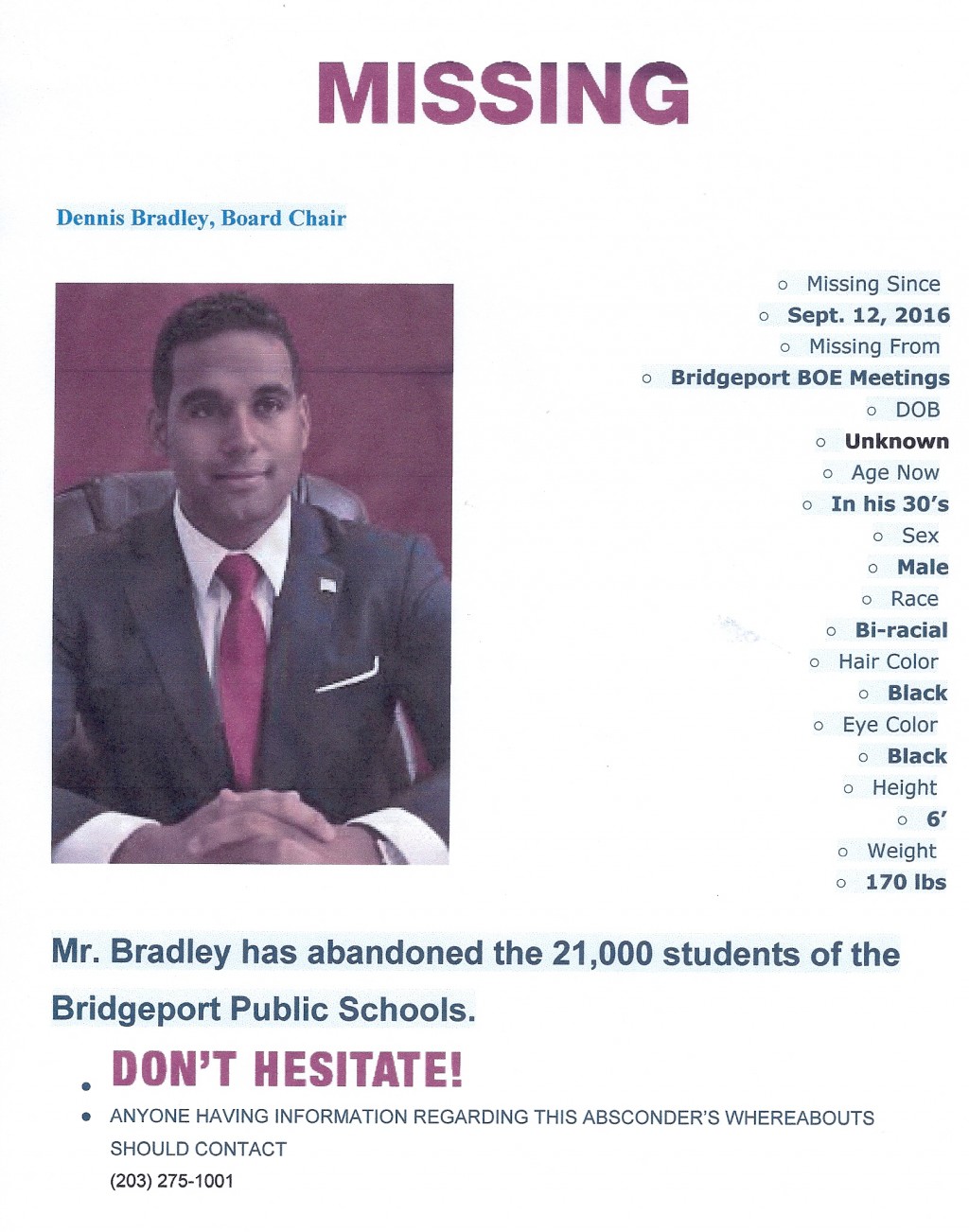 Wanted: Boycotting School Officials – Only In Bridgeport®